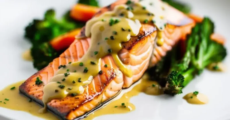Salmão suculento grelhado, coberto com molho de limão e ervas frescas